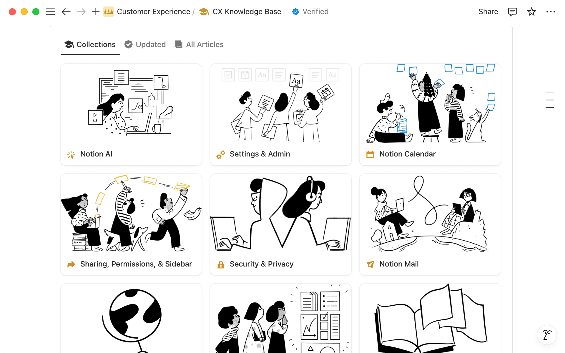 Each article is sorted into a Collection, or a Notion-specific category, to help organize all knowledge in a thoughtful (and aesthetically pleasing) way.