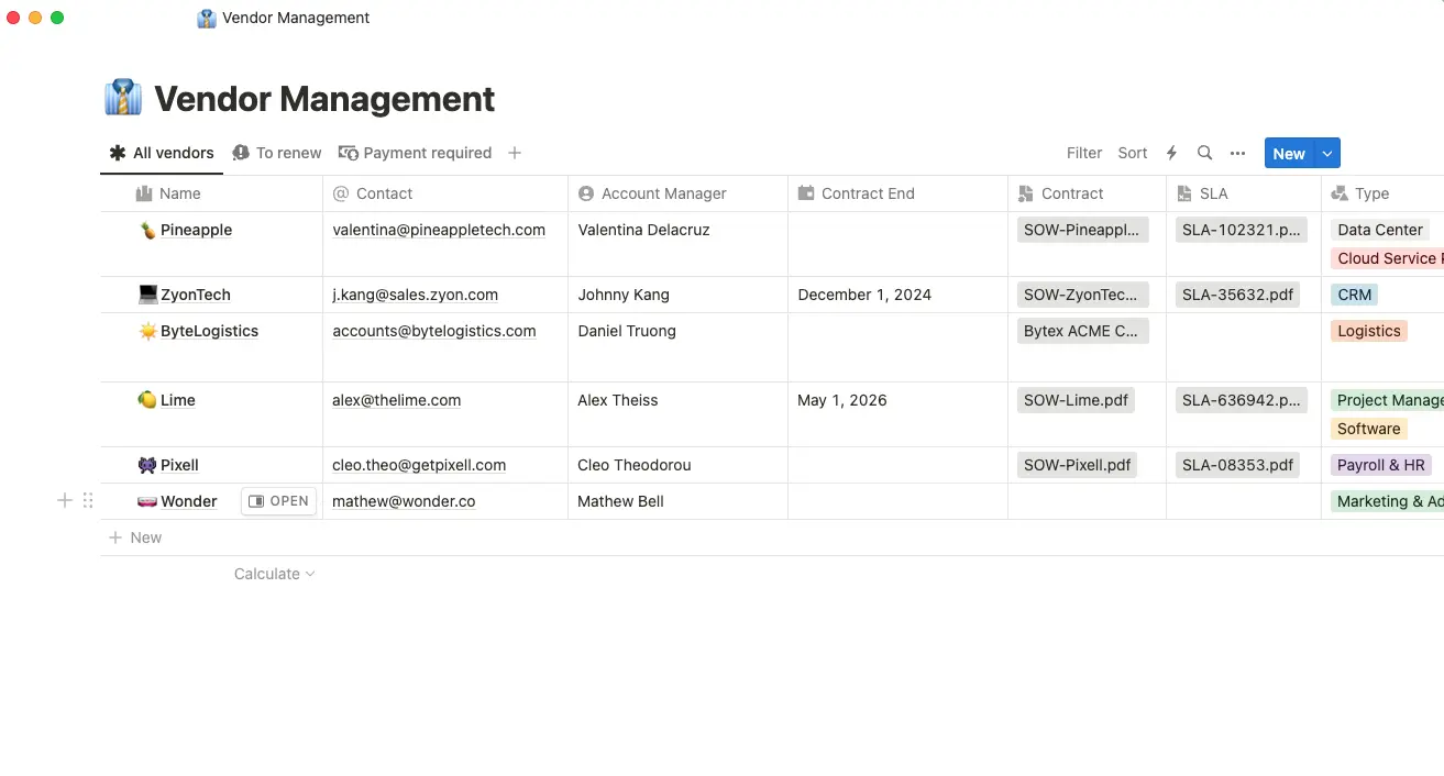 vendor management template