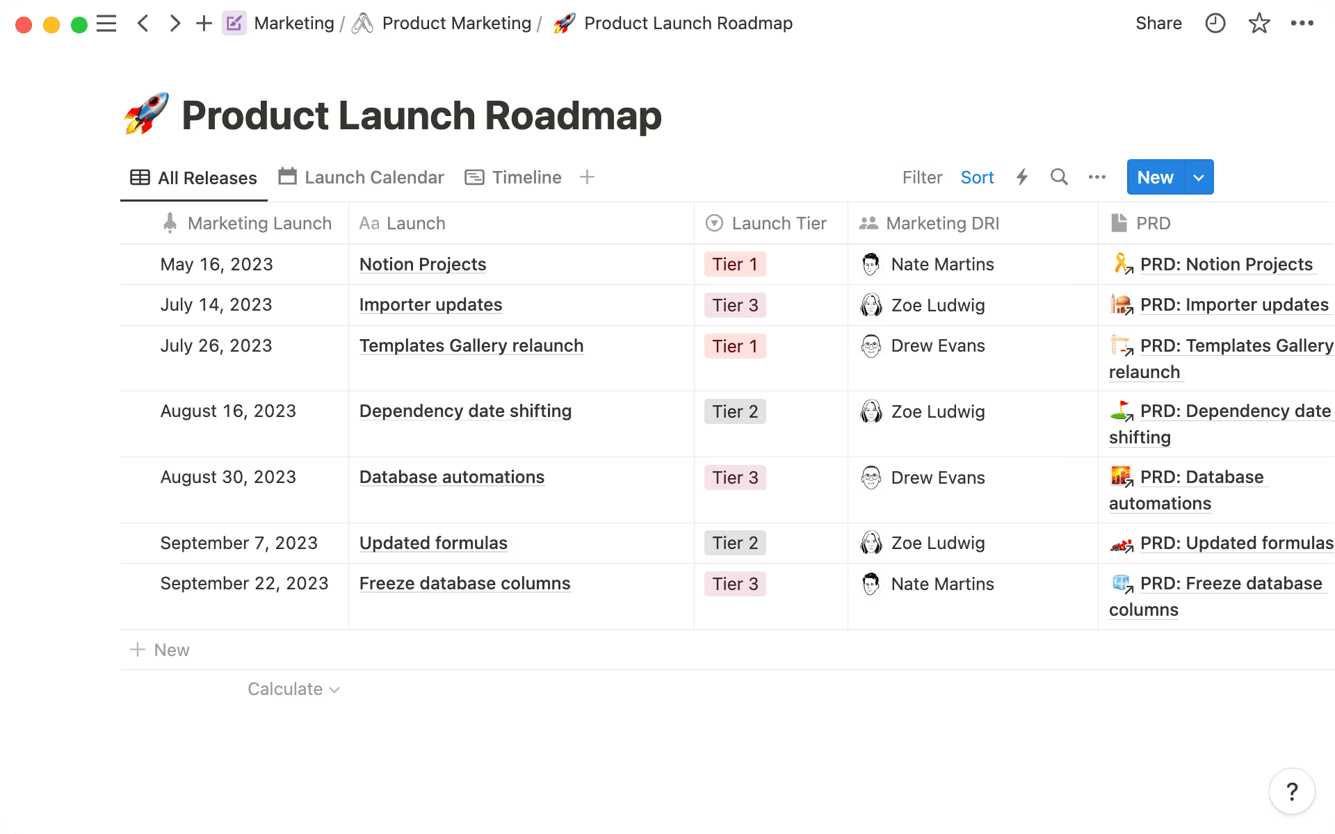A Product Launch Roadmap project in Notion, displaying all releases by date