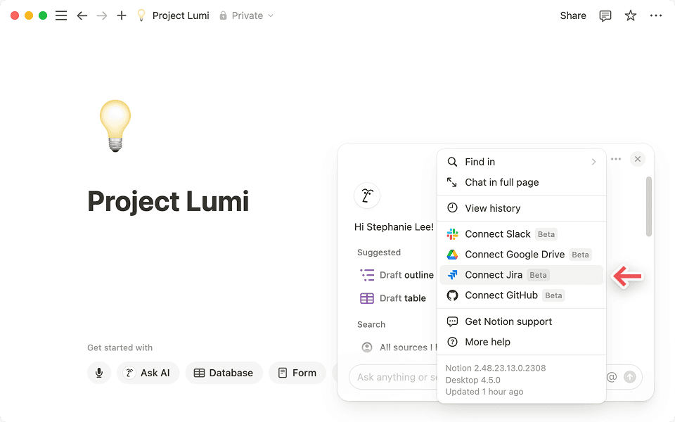 To connect JIRA, click the three dot menu on the top right of the Notion AI chat box.